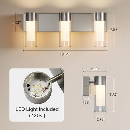 Tribesigns LED Bathroom Light Fixtures, 3-Light Vanity Lights Over Mirror, Wall Lights with 3 Color Modes & Sand Nickel Finish, Wall Sconces with Clear Glass Shades for Bathroom Hallway Bedroom