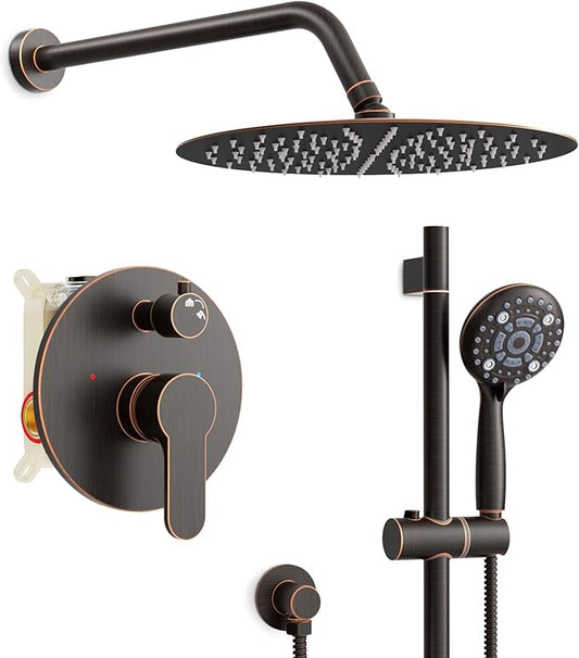 SR SUN RISE 12 Inch Oil Rubbed Bronze Shower System, Wall-Mount Adjustable 16-Inch Slide Bar with 6-Function Hand Shower Faucet Included Valve and Trim Kit
