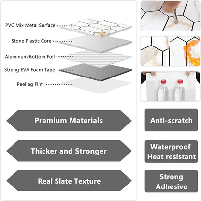 Vamos Tile Long Hexagon Peel and Stick Backsplash Tile - 10 Sheets Stick on Backsplash for Kitchen and Bathroom 12.4 x 12 Inch Calacatta Gold PVC Self Adhesive Mosaic Wall Tiles