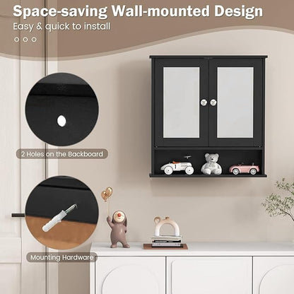 COSTWAY Bathroom Cabinet Wall Mount, Wooden Medicine Cabinet with 2 Mirror Doors, Adjustable Shelf, Open Compartment, for Laundry, Living Room, Kitchen, Black