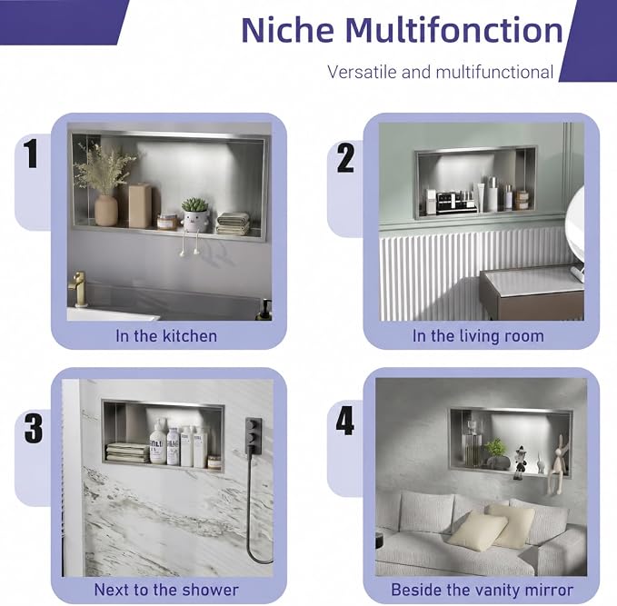 No Tile Needed Shower Niche for Shower Room Storage,Recessed Wall Niche Insert,Stainless Steel 304 (Brush, 12 * 24 in)