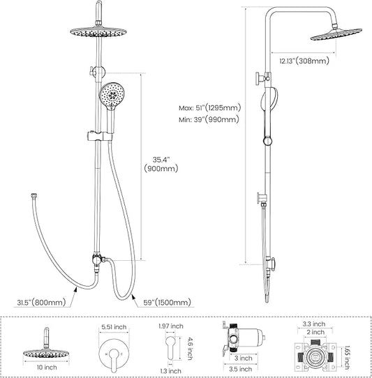 Hurran Shower System with 10 Inch Rain Shower Head and Handheld Sprayer, 3-Function Wall Mounted Bathroom Shower Faucet Set Height Adjustable Holder, Shower Trim Kit Valve Included, Brushed Nickel