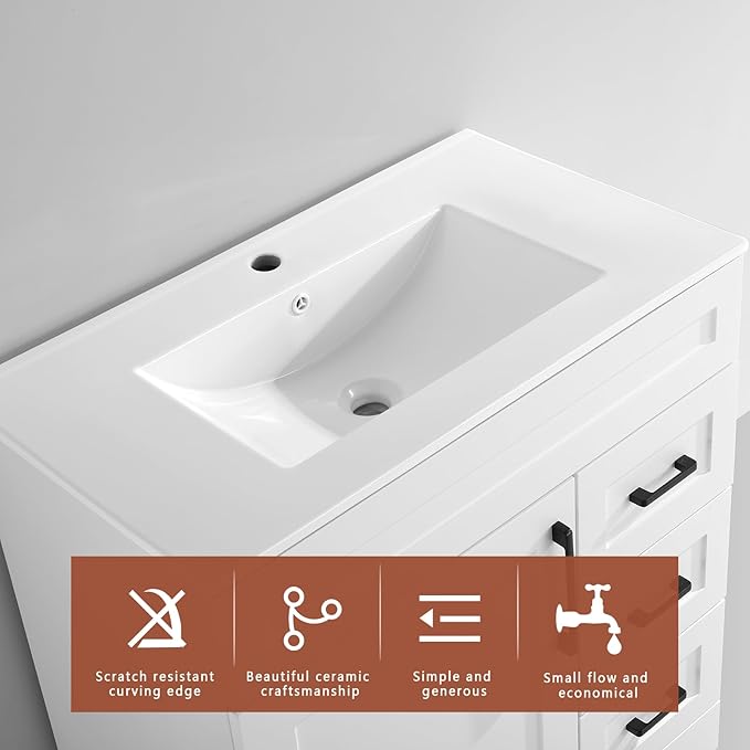 30" Bathroom Vanity with Ceramic Sink Top,1 Soft Closing Doors & 3 Full Extension Drawers with Matte Black Faucet Drain, White