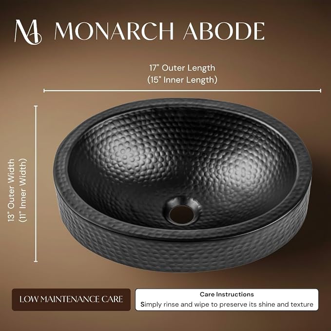 Monarch Abode Bathroom Sink – 17-Inch Oval Skirted Drop In Bathroom Sink, Top Mount Hand Hammered Matte Black Aluminum Vanity Sinks for Countertop, Powder Room, Restroom, Drop in Sinks for Bathrooms