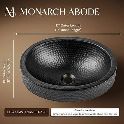 Monarch Abode Bathroom Sink – 17-Inch Oval Skirted Drop In Bathroom Sink, Top Mount Hand Hammered Matte Black Aluminum Vanity Sinks for Countertop, Powder Room, Restroom, Drop in Sinks for Bathrooms