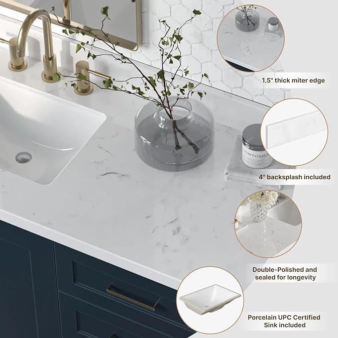 ARIEL 66 inch Double Bathroom Vanity top with Sink, 1.5 Inch Thick Miter Edge Carrara White Quartz top, Rectangle Double Sink Vanity top, Includes Backsplash