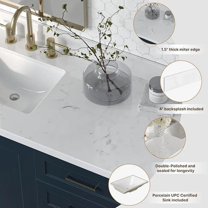 ARIEL 66 inch Double Bathroom Vanity top with Sink, 1.5 Inch Thick Miter Edge Carrara White Quartz top, Rectangle Double Sink Vanity top, Includes Backsplash