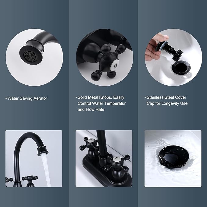 4-Inch Bathroom Sink Faucet Matte Black, Vintage 2-Handle Centerset Vanity Faucet for Bathroom Sink