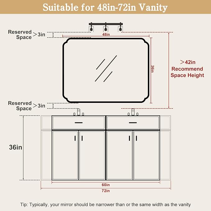 36" x 48" Wood Bathroom Mirror for Wall Mounted, Rustic Rounded Corner Wood Frame Wall Mirror for Entryway, Living Room or Bedroom Home Decorative, Natural