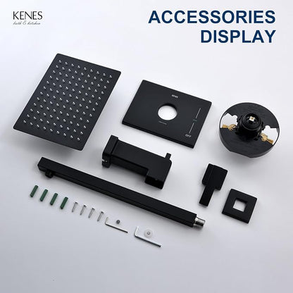 KENES Matte Black Shower Set with Tub Faucet, Square Tub Shower Trim Kit | Shower Faucet with 10-Inch Rain Shower Head, Square Shower System, Valve Included, Lead-Free cUPC & NSF Certified, Stainless