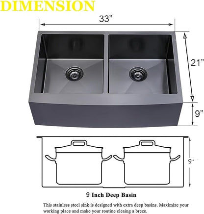 33 Inch Black Double Bowl Divided 50/50 Farmhouse Sink, 33x21 Gunmetal Black Stainless Steel Undermount Apron Front Farm Kitchen Sink