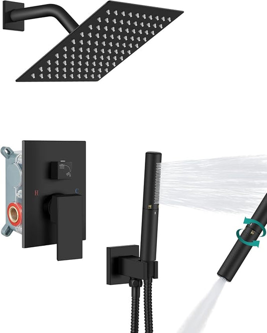 Aolemi Shower System with Rain Head and Handheld,8-Inch,Matte Black | High-Pressure Shower Faucet Set with Dual-Function Handheld,Rough-In Valve,1.8 GPM,Wall-Mount Trim Kit