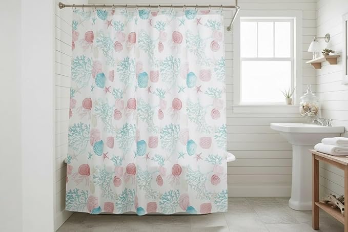 Serafina Home Coastal Fabric Shower Curtain for Bathroom: Coral Blue White Ocean Life Beach Shells Coral Sea Urchins Starfish Scallop Shells, 70" x 72" Inches, with 12 Rollerball Hooks