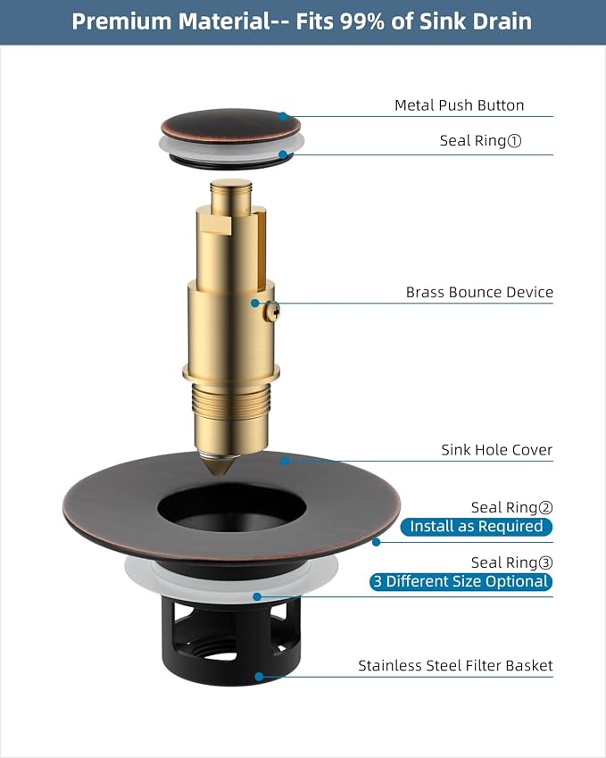 Hibbent All Metal Universal Bathroom Sink Stopper for 1.1''~2.3'' Basin, Pop Up Sink Drain Strainer, Brass Bullet Core Push Type Stopper, Stainless Steel Anti Clogging Drain Filter, Oil-Rubbed Bronze