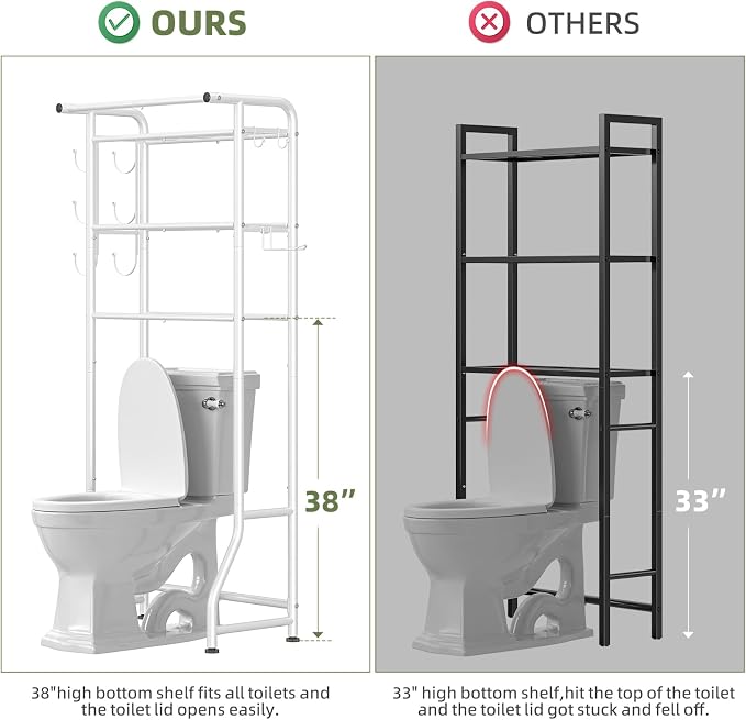 Simple Trending 3 Tier Over The Toilet Storage Rack, Metal Bathroom Shelf, Bathroom Stand Organizer Space Saver with Paper Holder and Hooks, White