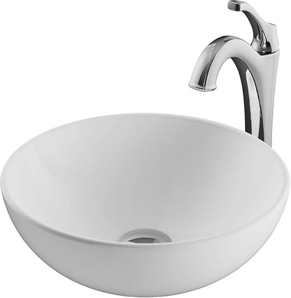 KRAUS Elavo 14-inch Round White Porcelain Ceramic Bathroom Vessel Sink and Arlo Faucet Combo Set with Pop-Up Drain, Chrome C-KCV-341-1200CH