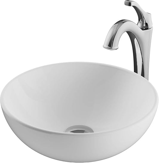 KRAUS Elavo 14-inch Round White Porcelain Ceramic Bathroom Vessel Sink and Arlo Faucet Combo Set with Pop-Up Drain, Chrome C-KCV-341-1200CH