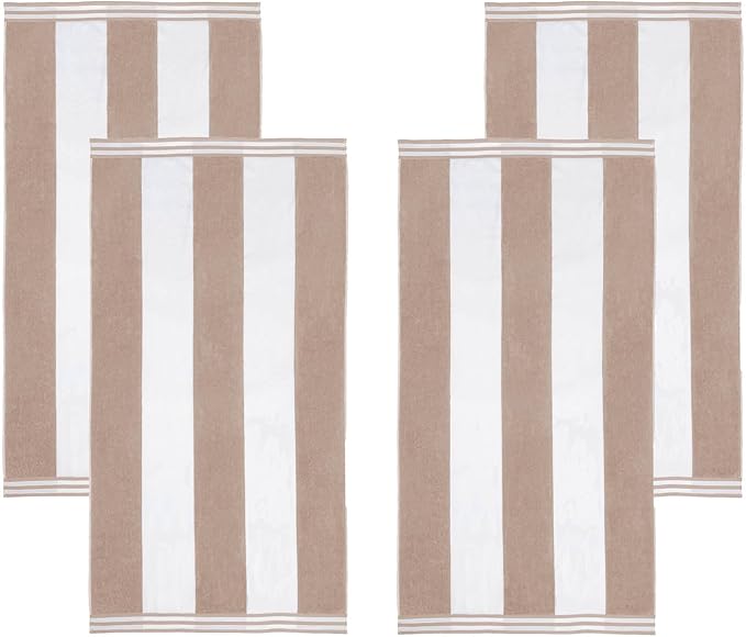 Superior Cotton Striped Beach Towels, Colorful Towels for Adult, Kid, Pool, Swimming, Sand, Travel, Large Oversized, Absorbent, Fast Drying, Bath Basics, Cabana Collection, Set of 4, Taupe