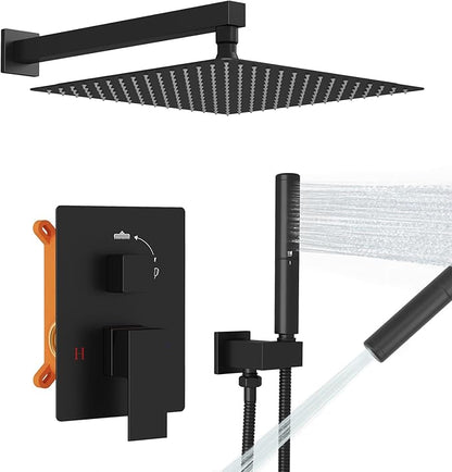 12 Inch Rainfall Shower System Rain Shower Head Combo Shower Faucet Fixture | Shower Head and Handle Set Wall Mounted Shower Mixer Kit Valve Black