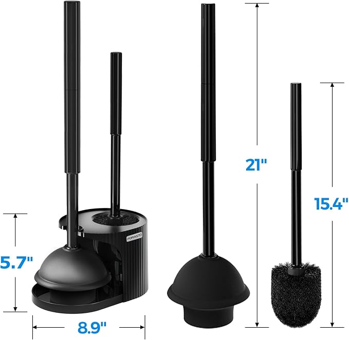 FORASTO 2in1 Toilet Brush and Plunger Set - Bathroom Bowl Holder Combo | 21" Extended, Apartment Must Haves, Accessories Decor, Essentials, New Home Storage, Scrubbing Tools, Washing Supplies, Black