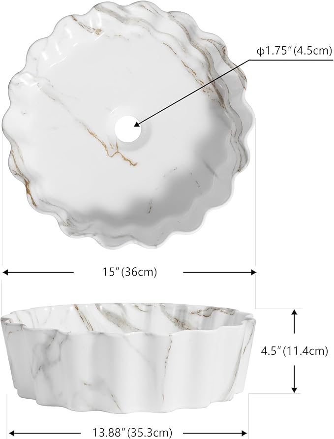 JONATHAN Y SNK1005C 15" Round Bathroom Vessel Sink, Art Deco Scallop Above Counter Vanity Sink, White Marble Finish Ceramic Basin for Modern Powder Room and Lavatory