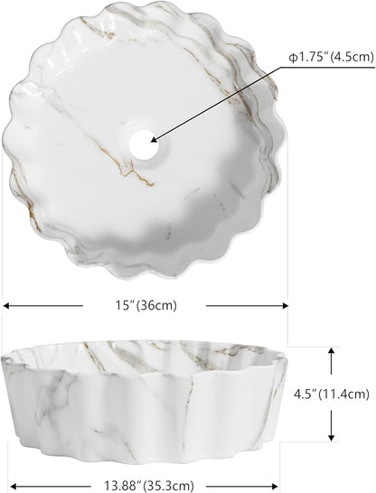JONATHAN Y SNK1005C 15" Round Bathroom Vessel Sink, Art Deco Scallop Above Counter Vanity Sink, White Marble Finish Ceramic Basin for Modern Powder Room and Lavatory