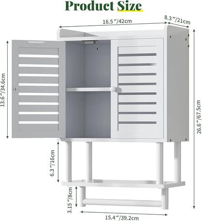 Bathroom Wall Cabinet, Over The Toilet Storage Cabinet with Adjustable Shelves, White Medicine Cabinets with Towel Bar, Bamboo Wall Mounted Hanging Cabinet with 2 Door for Laundry Room, White