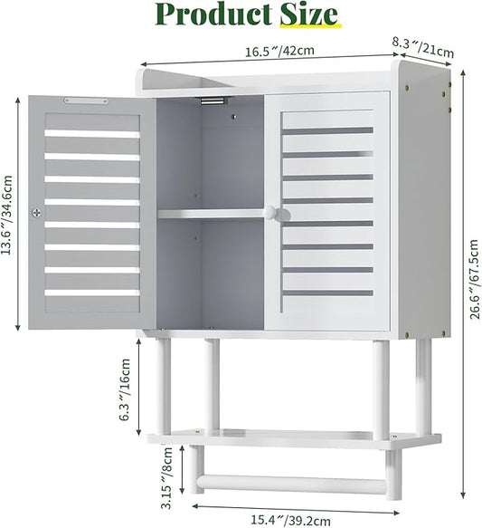 Bathroom Wall Cabinet, Over The Toilet Storage Cabinet with Adjustable Shelves, White Medicine Cabinets with Towel Bar, Bamboo Wall Mounted Hanging Cabinet with 2 Door for Laundry Room, White