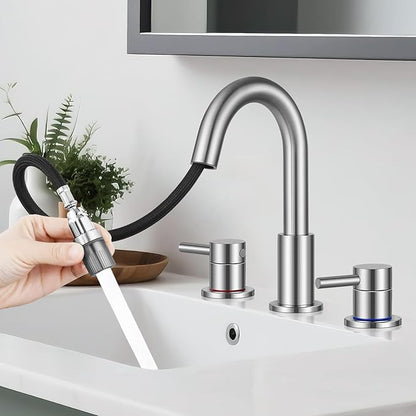 Pull Down Bathroom Faucet for Sink 3 Hole,8 inch Widespread Brushed Nickel Bathroom Sink Faucet with Pop Up Drain, Water Supply Hoses