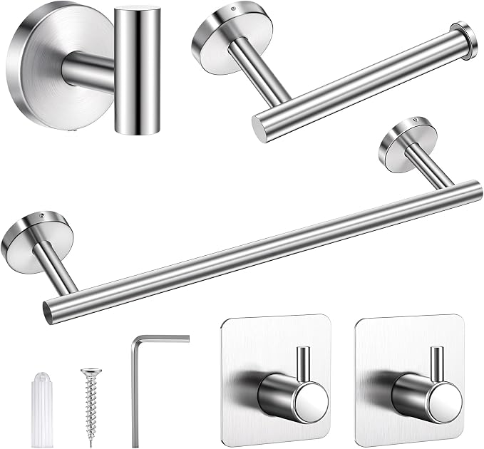 5 Piece Bathroom Accessories Set, Bathroom Hardware Set, Wall Mounted Thickened 304 Stainless Steel Towel Holder Sets, Includes 16" Towel Rod+Toilet Paper Holder+3 Multifunctional Hooks