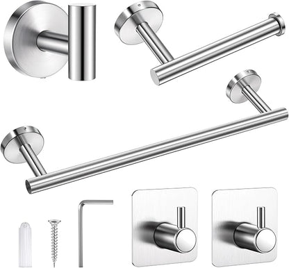 5 Piece Bathroom Accessories Set, Bathroom Hardware Set, Wall Mounted Thickened 304 Stainless Steel Towel Holder Sets, Includes 16" Towel Rod+Toilet Paper Holder+3 Multifunctional Hooks