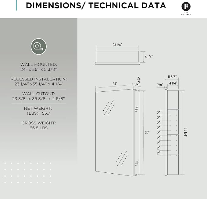 Bathroom Medicine Cabinet - Single Door, Aluminum, Recessed/Surface Mount, 24" x 36", Right/Left Hinged, Mirrored Interior