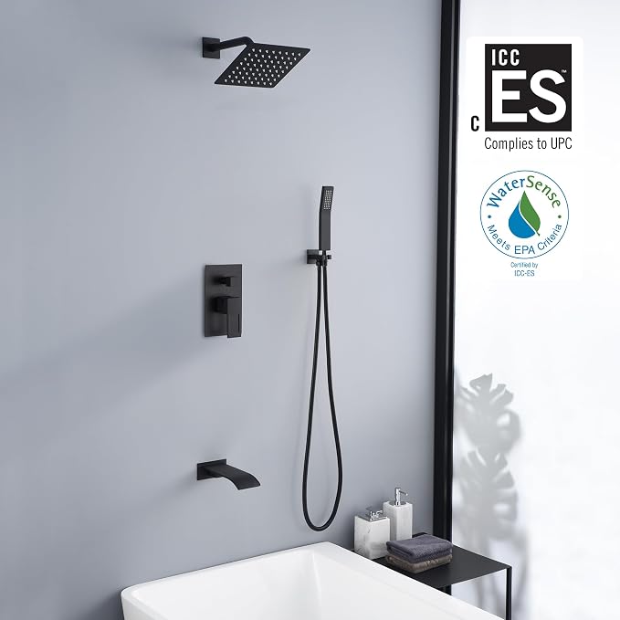 SUMERAIN Matte Black Rain Shower Faucet System with Waterfall Tub Spout | 8" Rain Shower Head, Brass Handheld Shower, Anti-scalding Pressure Balance Valve, Rough-In Valve Included