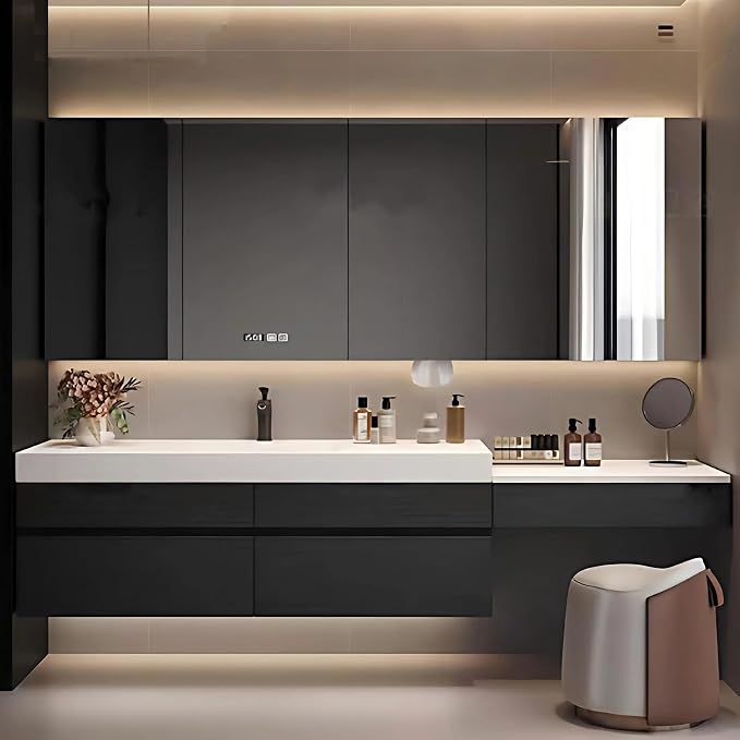 112" Bathroom Vanity with Sink, Modern Floating Bathroom Vanity, with Smart LED Defog Mirror, Plywood Storage Mirror Cabinet Soft Closing, Display Time, Fully Pre-Assembled with Dressing Table