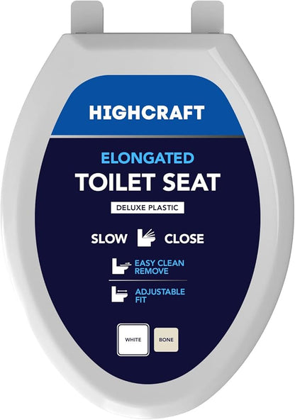 Highcraft W4TSPE Elongated Plastic Toilet Seat Slow Close ? Easy Remove, White