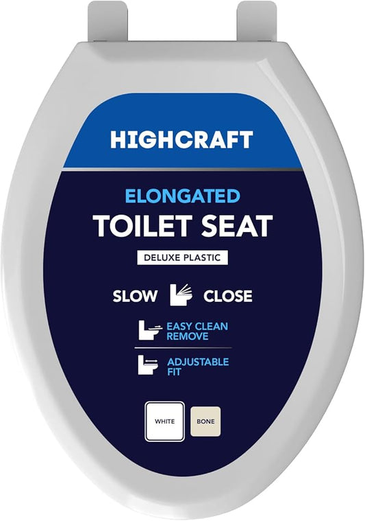 Highcraft W4TSPE Elongated Plastic Toilet Seat Slow Close ? Easy Remove, White