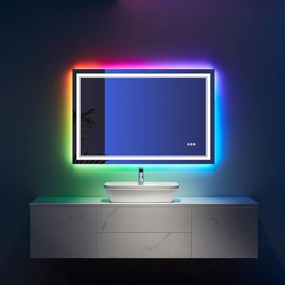 40x24 Inch RGB LED Bathroom Mirror with Lights | Front and RGB Backlit, Dimmable, Memory, Anti Fog, Shatterproof, Horizontal/Vertical, Lighted Mirrors for Bathroom Wall