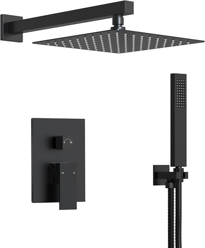 10 Inch High Pressure Rainfall Shower System with Handheld Spray, Wall Mount Bathroom Shower Faucet Set with Valve (Matte Black)