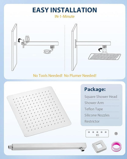 All Metal Rainfall Shower Head with Extension Arm Brushed Nickel, 12" Large Rain Square Showerhead with 16" Shower Arm All Stainless Steel, 144 Silicone Nozzles Waterfall Full Body Coverage