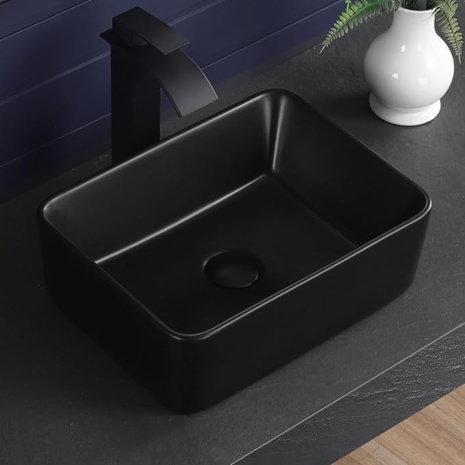 Vessel Sink 16"x12" Rectangular Bathroom Sink Modern Black Porcelain Ceramic Above Counter Drop-in Vanity Sink for Bathrooms Art Basin