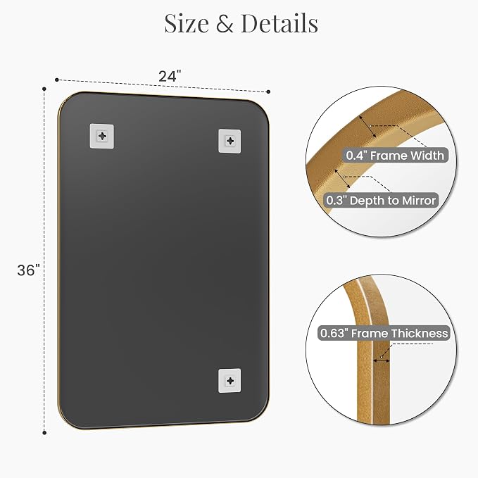 2-Pack 24x36 Inch Antique Gold Rounded Rectangle Vanity Mirrors | Double Vanity or Two Bathrooms, Pair or Separate Use, Iron Frame, Layered Shadow Box Look, Two-Way Mount