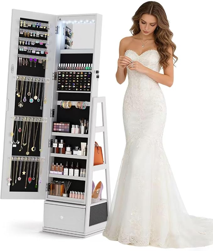 Jewelry Armoire with Drawer and LED Lights, White | Rotatable Jewelry Cabinet with Full Length Mirror, Lockable, 3 Rear Shelves, Jewelry Organizer with Storage for Women, Girl