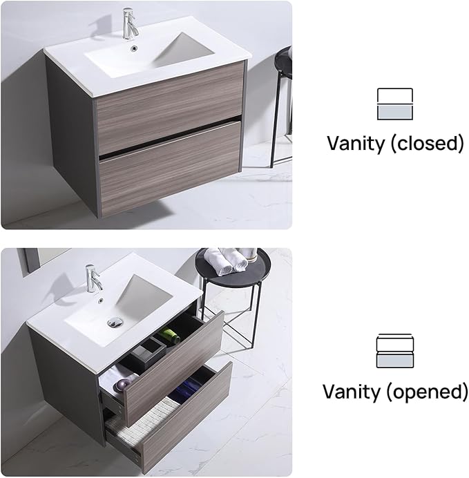 walsport Floating Bathroom Vanity with Sink & Mirror & Faucet & Countertop Set Small Wall Mounted Bathroom Single Sink Cabinet with Double Storage Drawers Modern (Brown1)