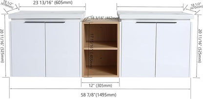 60 Inch Bathroom Vanity with Sink Combo,Wall-Mounted Bathroom Vanity with Soft Close Doors&Side Shelf,Modern Floating Bathroom Vanity with Top Basin & Storage Cabinet,White