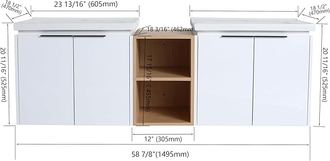 Malwee 60" Floating Bathroom Vanity with White Ceramic Basin Sink Top, 60 Inch Double Sink Wall Mounted Bathroom Vanity, with 4 Doors and Storage Shelve.MA07460