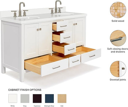ARIEL Cambridge 60-inch Bathroom Vanity with Sink,Solid Wood, 1.5-inch Pure White Quartz Countertop & Backsplash, Double Oval Porcelain Sink, 4 Soft Closing Doors, 6 Dovetail Drawers, White