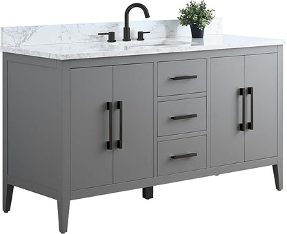 HOMEBEYOND 60 Inch Bathroom Vanity with Sink & Ceramic Top, Single Vanity Cabinet with Basin, Soft-Closing Doors & Matte Black Hardware, Grey