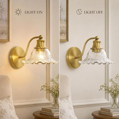 Bright Brushed Gold Bathroom Wall Sconce Vintage Style, E26 Easy Mounted | Vanity Light with Flower Glass Shade, Bathroom Wall Lighting Fixture Beside Mirror, Easy Mounted for Bedroom, Hallway