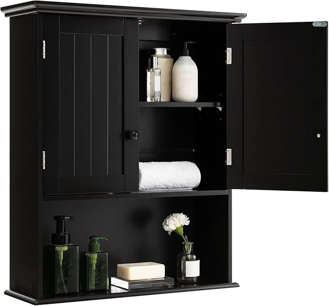 COSTWAY Wall Mounted Bathroom Cabinet, Over The Toilet Storage Cabinet w/Double Doors & Adjustable Shelf, Wood Hanging Medicine Cabinet for Living Room, Entryway, Kitchen (Black) | Double Doors & Adjustable Shelf, Wood Hanging Medicine Cabinet for Livi...