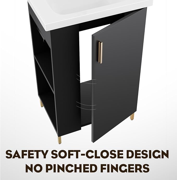 20 Inch Black Freestanding Bathroom Vanity, Pre-Assembled Bathroom Cabinet with Ceramic Sink, Soft-Close Door, Left Side Storage, Fit for Small Bathrooms, No Faucet, BV05-20-PUREBLACK-PLUS